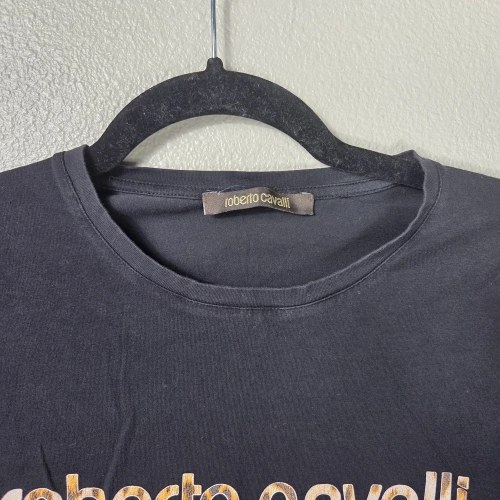 Roberto Cavalli Logo T Shirt Women's L Black Stretch Cotton Graphic Tee Italy